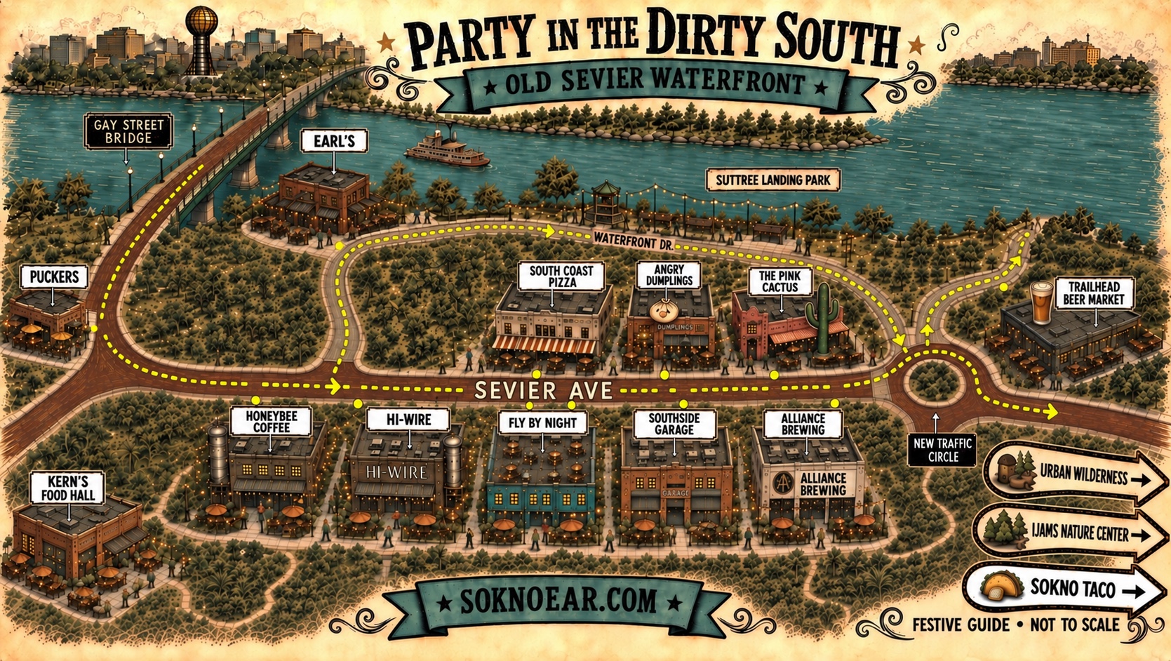 Party in the Dirty South — festive map of the Old Sevier waterfront: Puckers, Kern's Food Hall, Honeybee Coffee, Hi-Wire, Fly by Night, Southside Garage, Alliance Brewing, Earl's, South Coast Pizza, Angry Dumplings, The Pink Cactus, Trailhead Beer Market, Suttree Landing Park and the new traffic circle, with the Gay Street Bridge crossing to downtown and signposts out to the Urban Wilderness, Ijams Nature Center and SoKno Taco — plus the crawl route along Sevier Ave and Waterfront Drive
