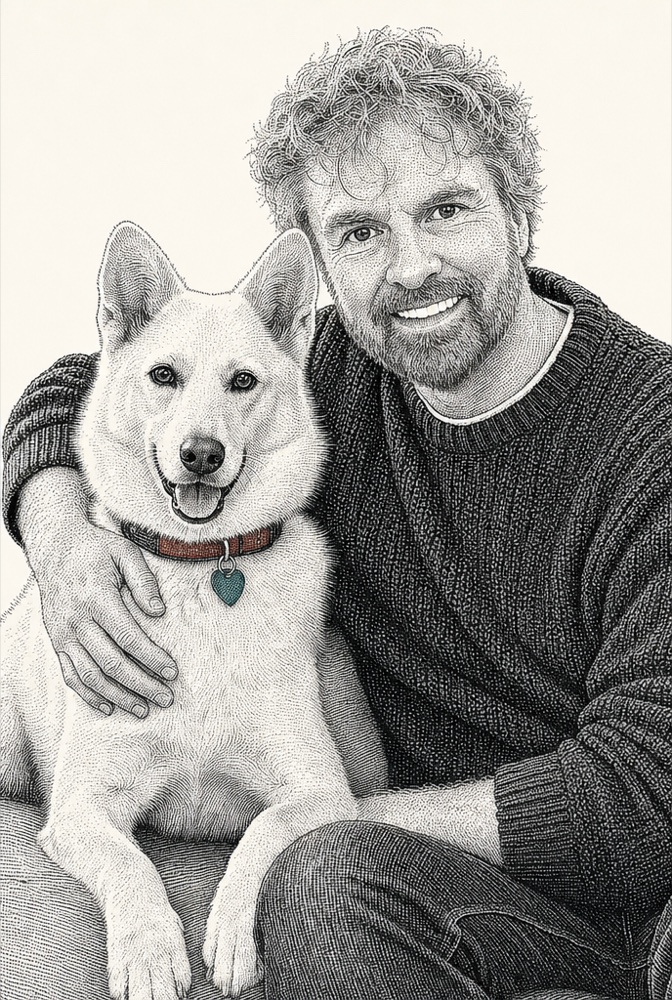 Stipple hedcut portrait of Andy Roberts and his dog Serena